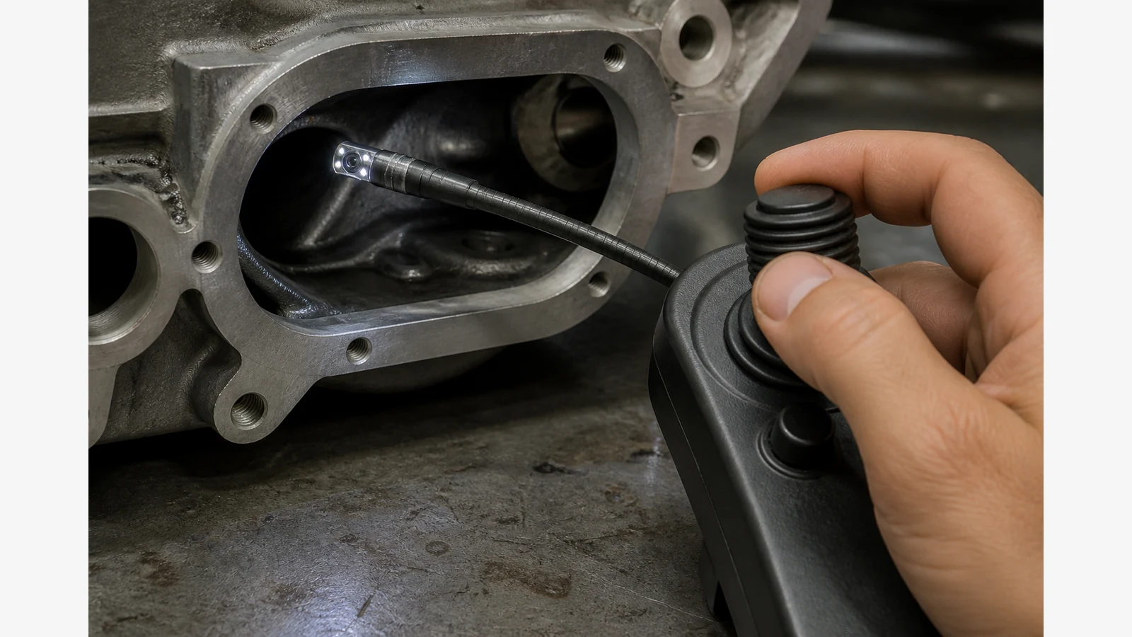 Technician using a joystick to steer an inspection camera tip inside a metal cavity