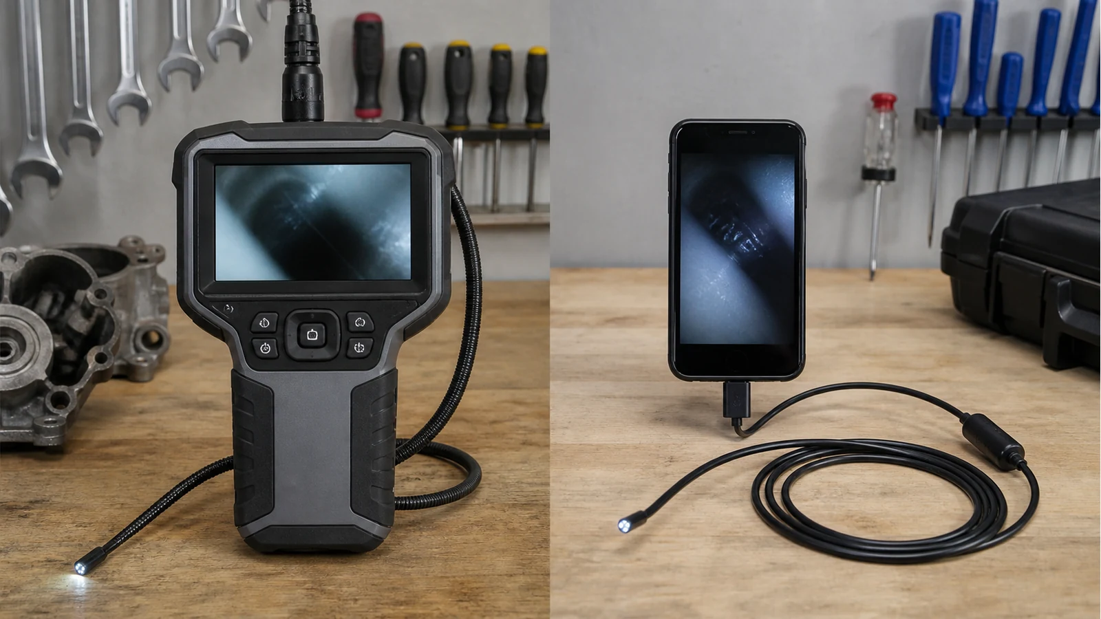 Comparison of a built-in screen inspection camera and a phone-connected USB borescope on a workshop bench