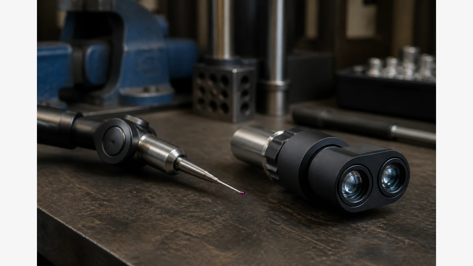 Articulating probe tip next to a dual-lens inspection probe on a workshop bench