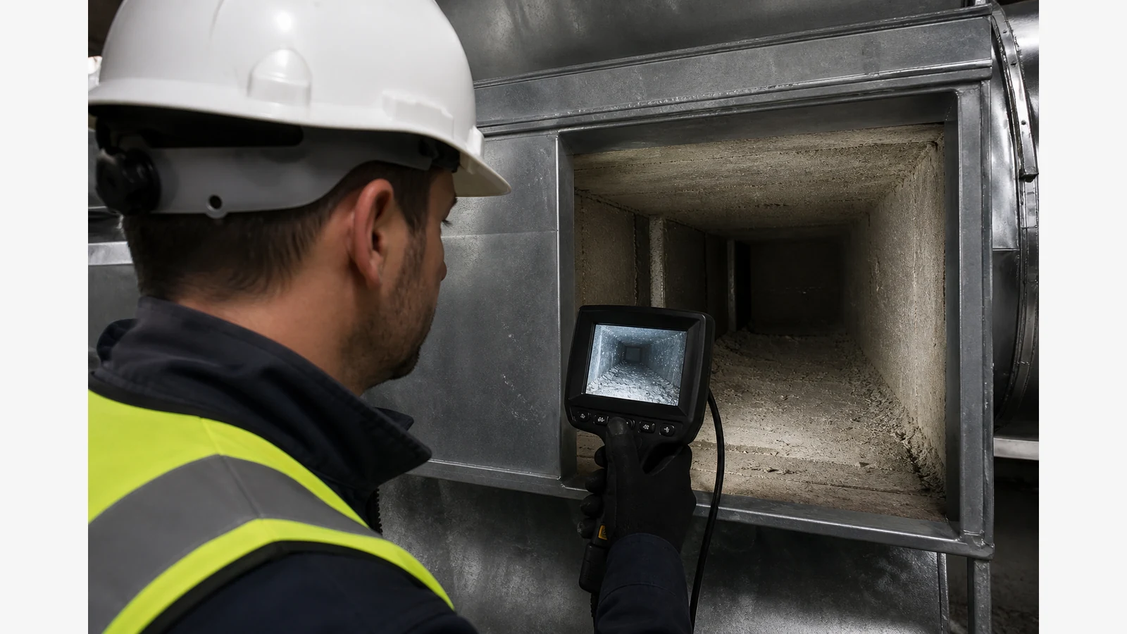 Engineer reviewing a duct interior image on a handheld inspection camera screen