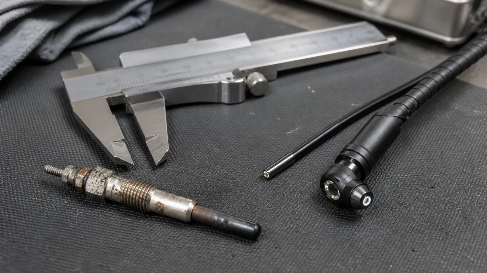Glow plug next to different diameter inspection camera probe tips and a caliper