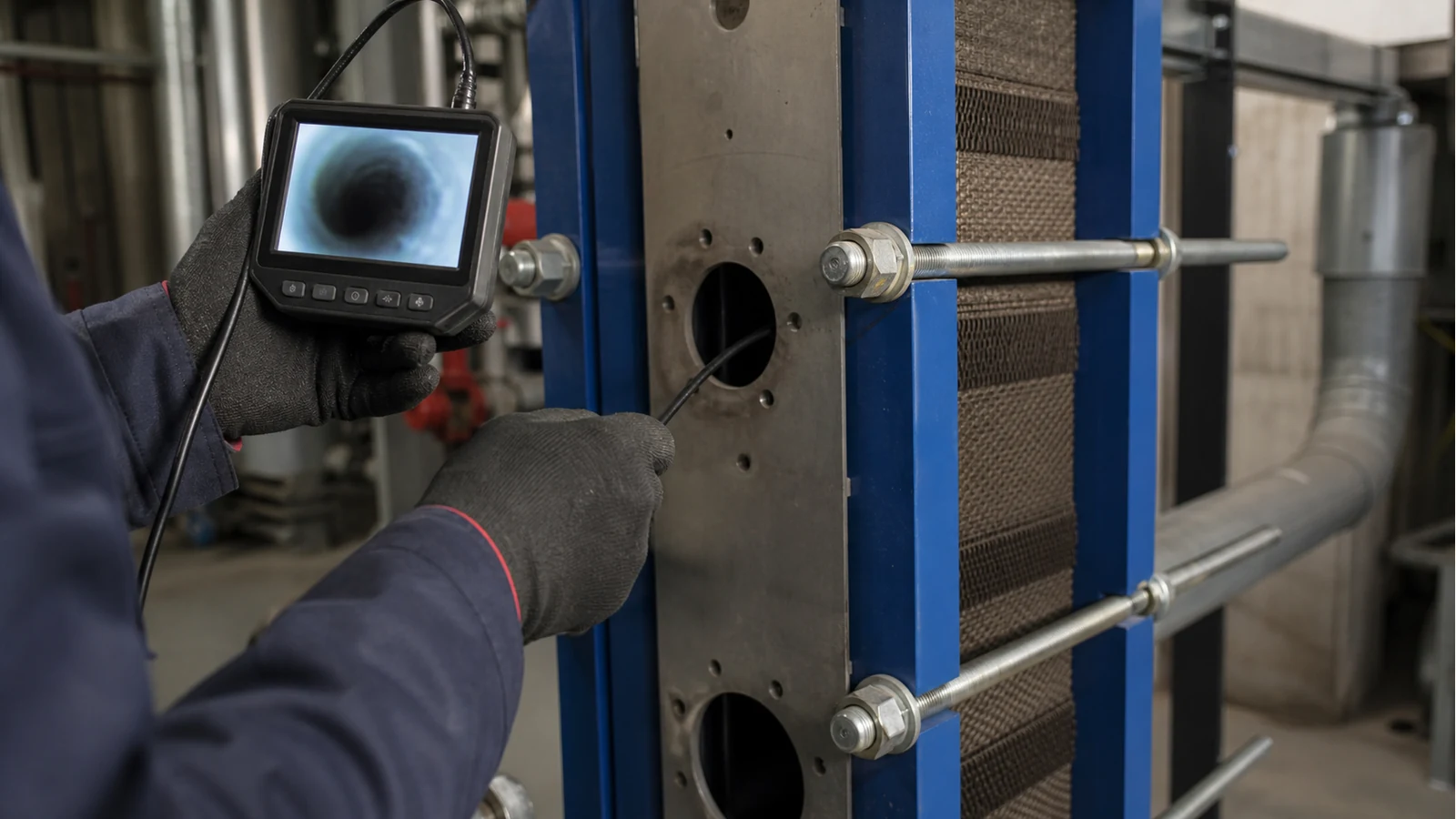 Technician using a handheld inspection camera near a commercial heat exchanger access panel
