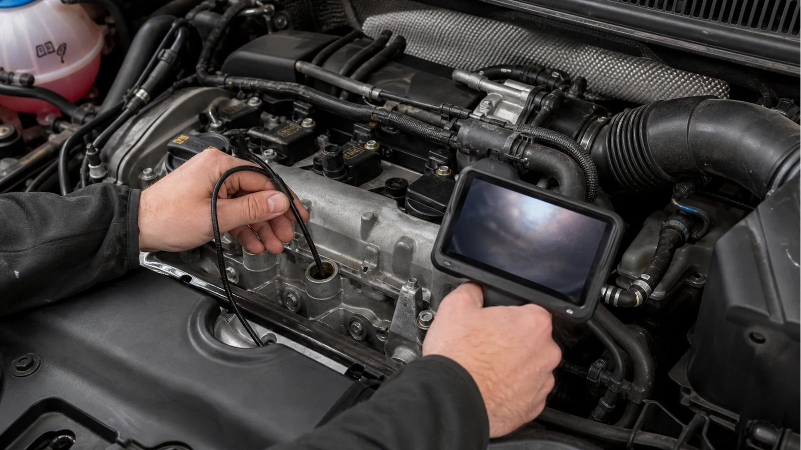Mechanic using an inspection camera through a spark plug port to check piston crown carbon