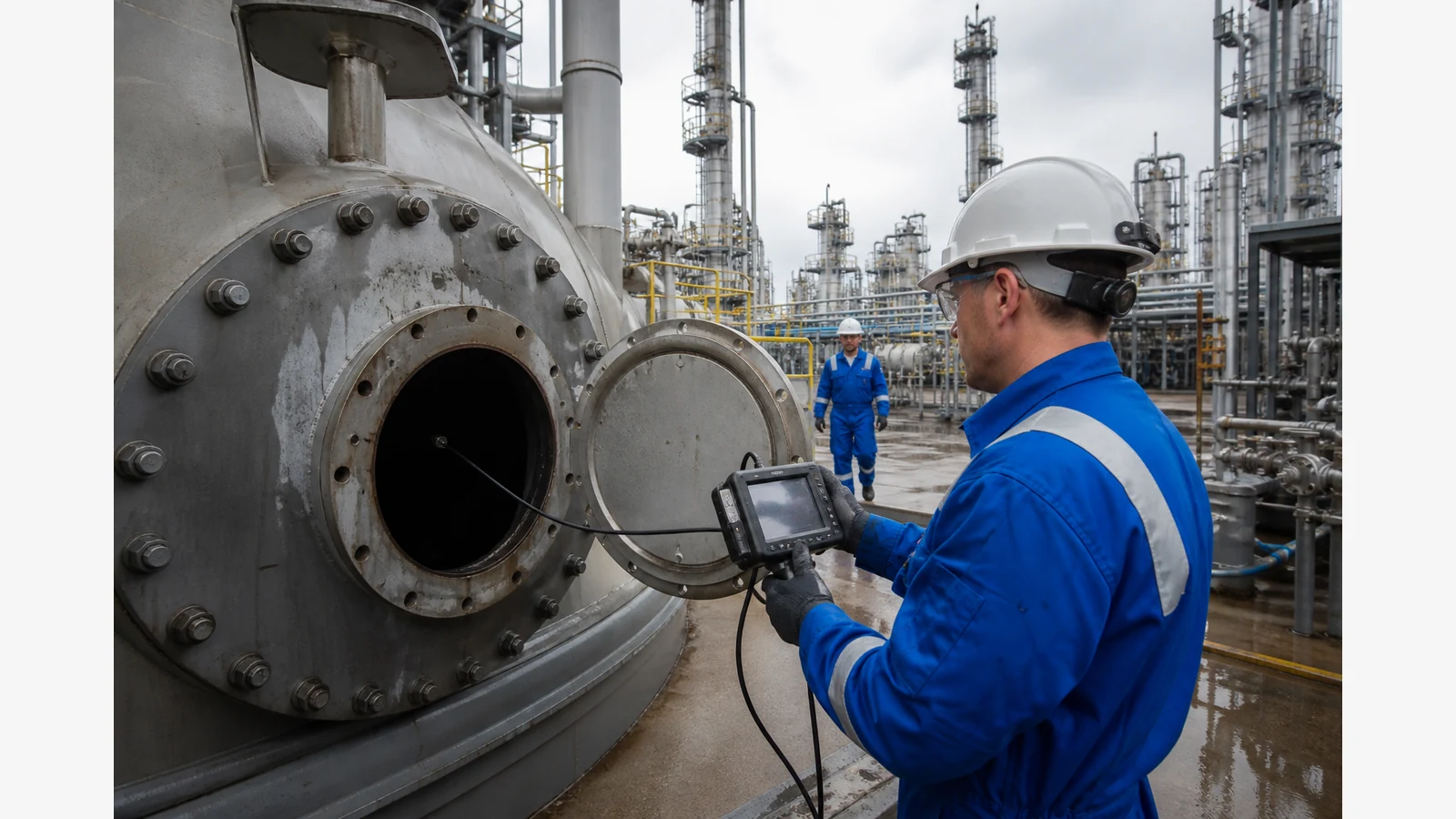 Technician performing remote visual inspection from outside an industrial vessel hatch