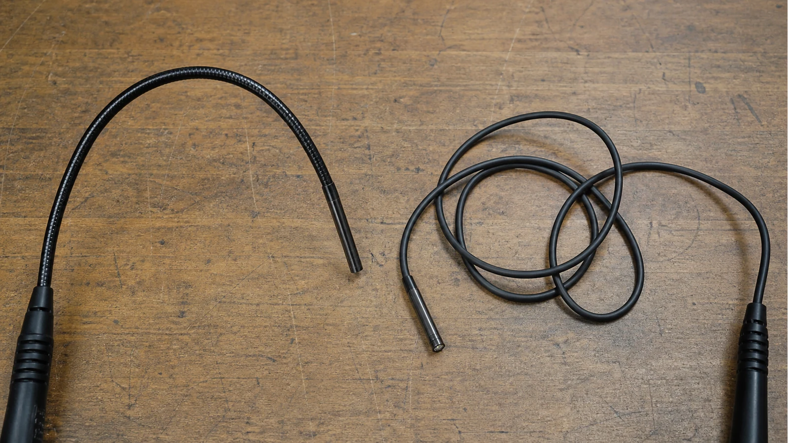 Semi-rigid inspection camera cable beside a flexible snake cable on a workbench
