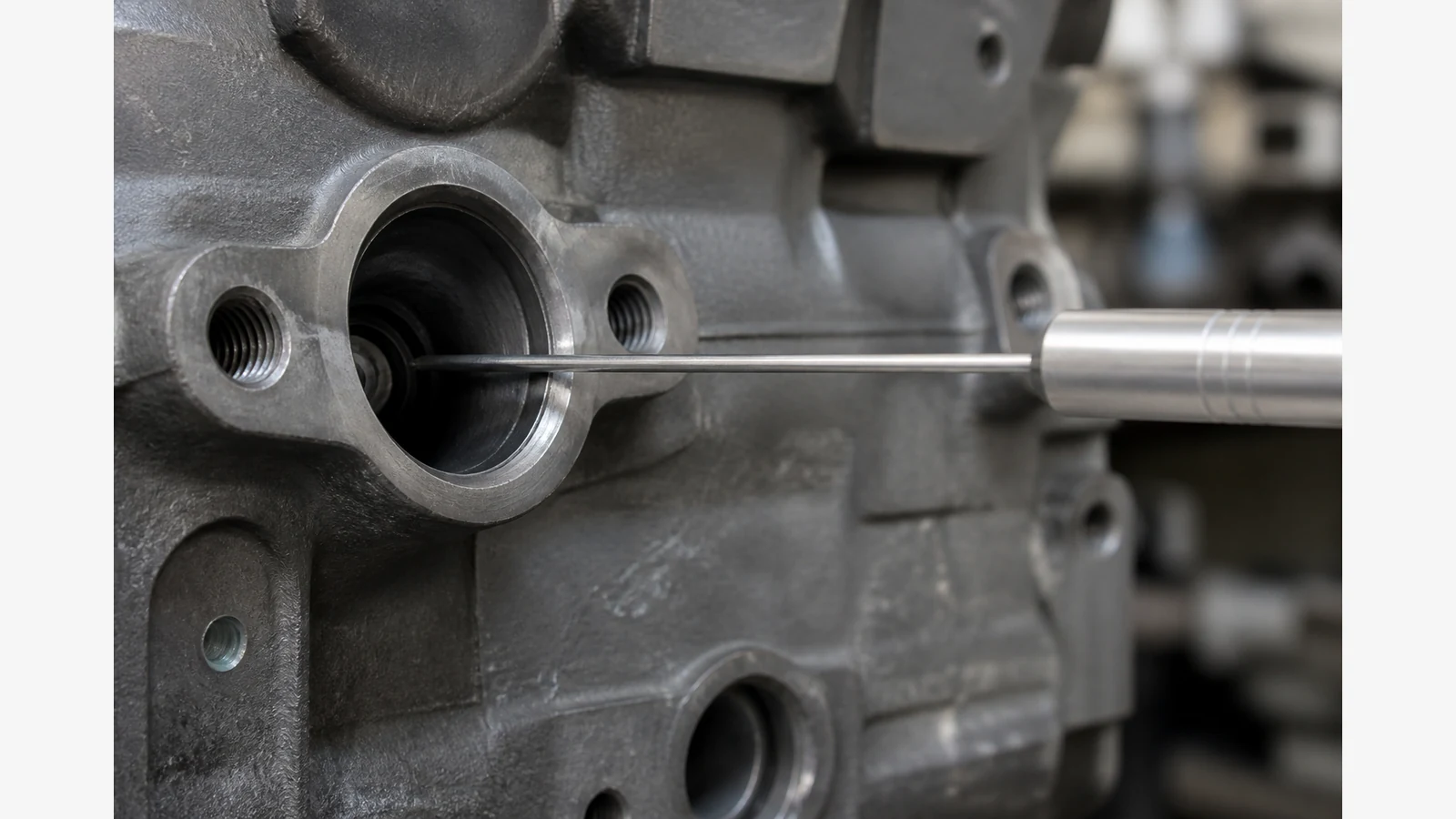 Slim inspection probe aligned with a spark plug port on a cylinder head