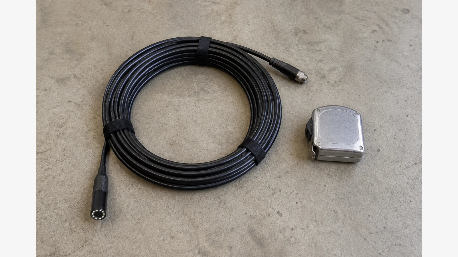 Semi-rigid borescope cable beside a tape measure on a workshop floor